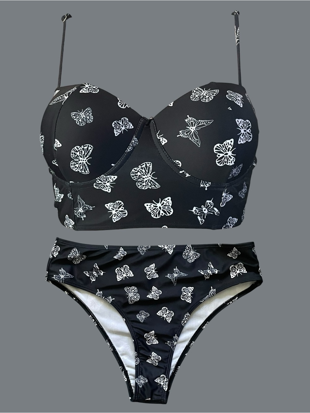 ROMWE Butterfly Print Bikini Set Medium Black White Y2K Underwire Swimwear